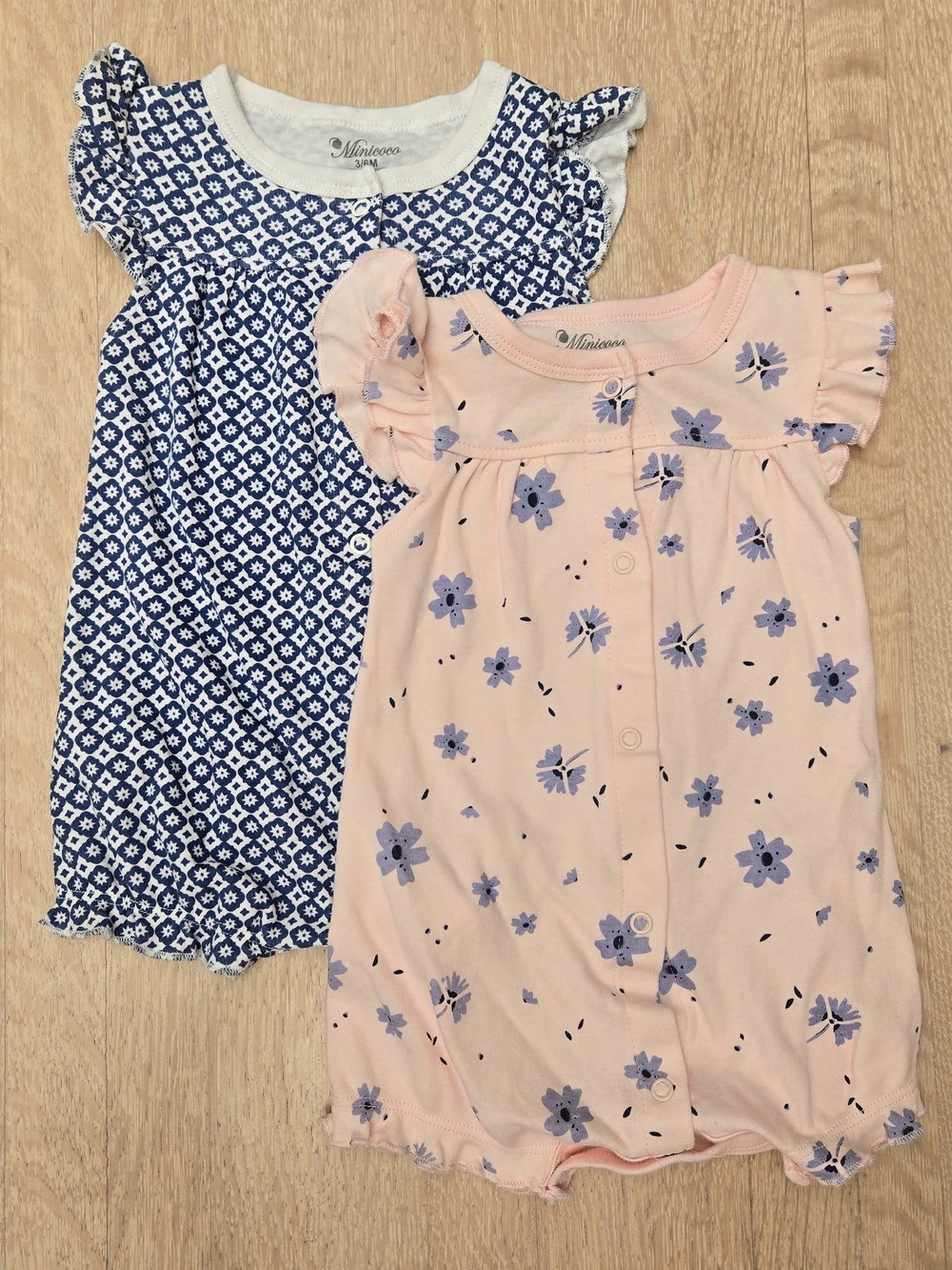 Minicoco Pink Floral & Navy Geo Baby Rompers - 2 Pack